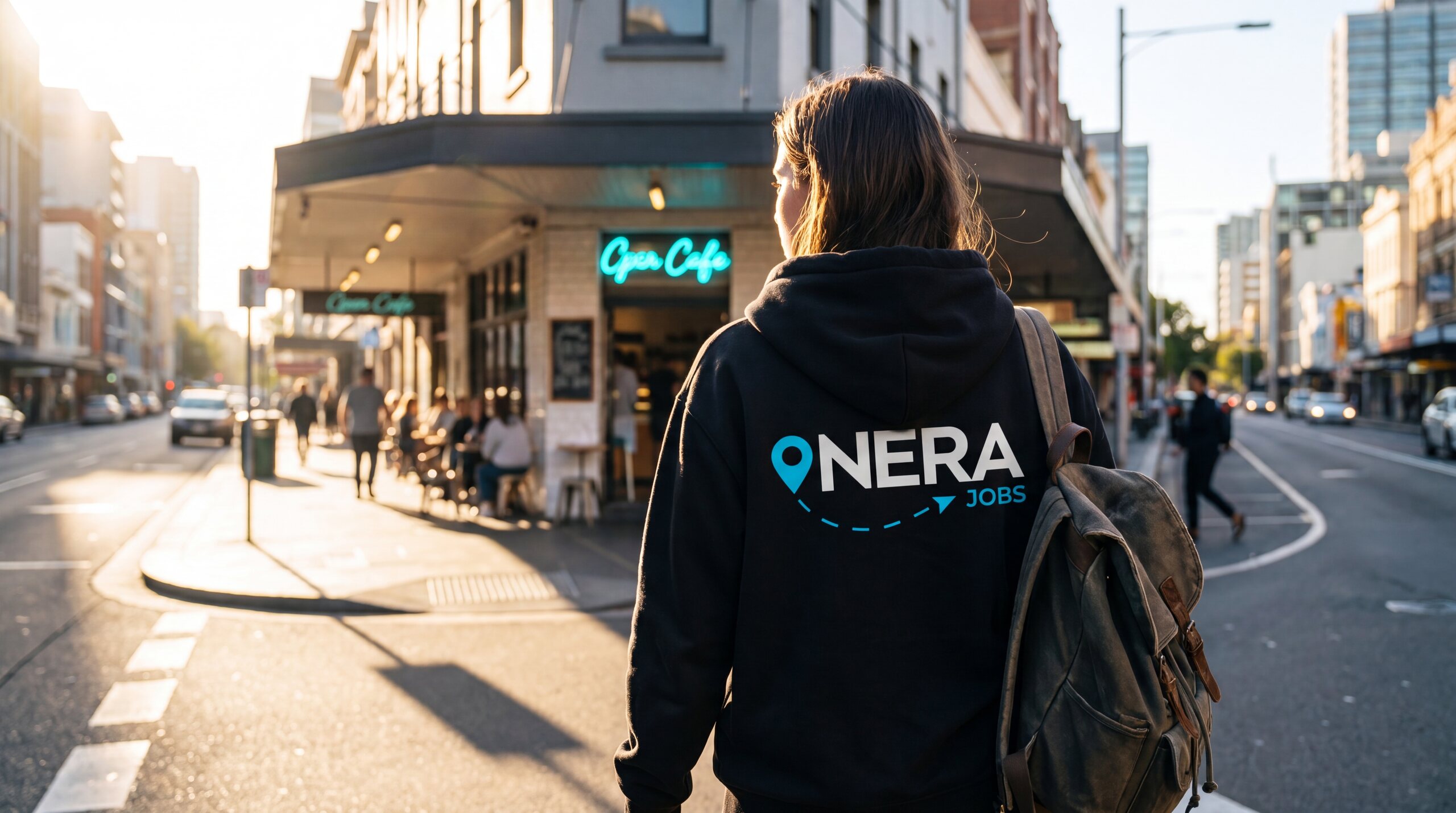 NERA Collective campaign — walking to the morning cafe shift