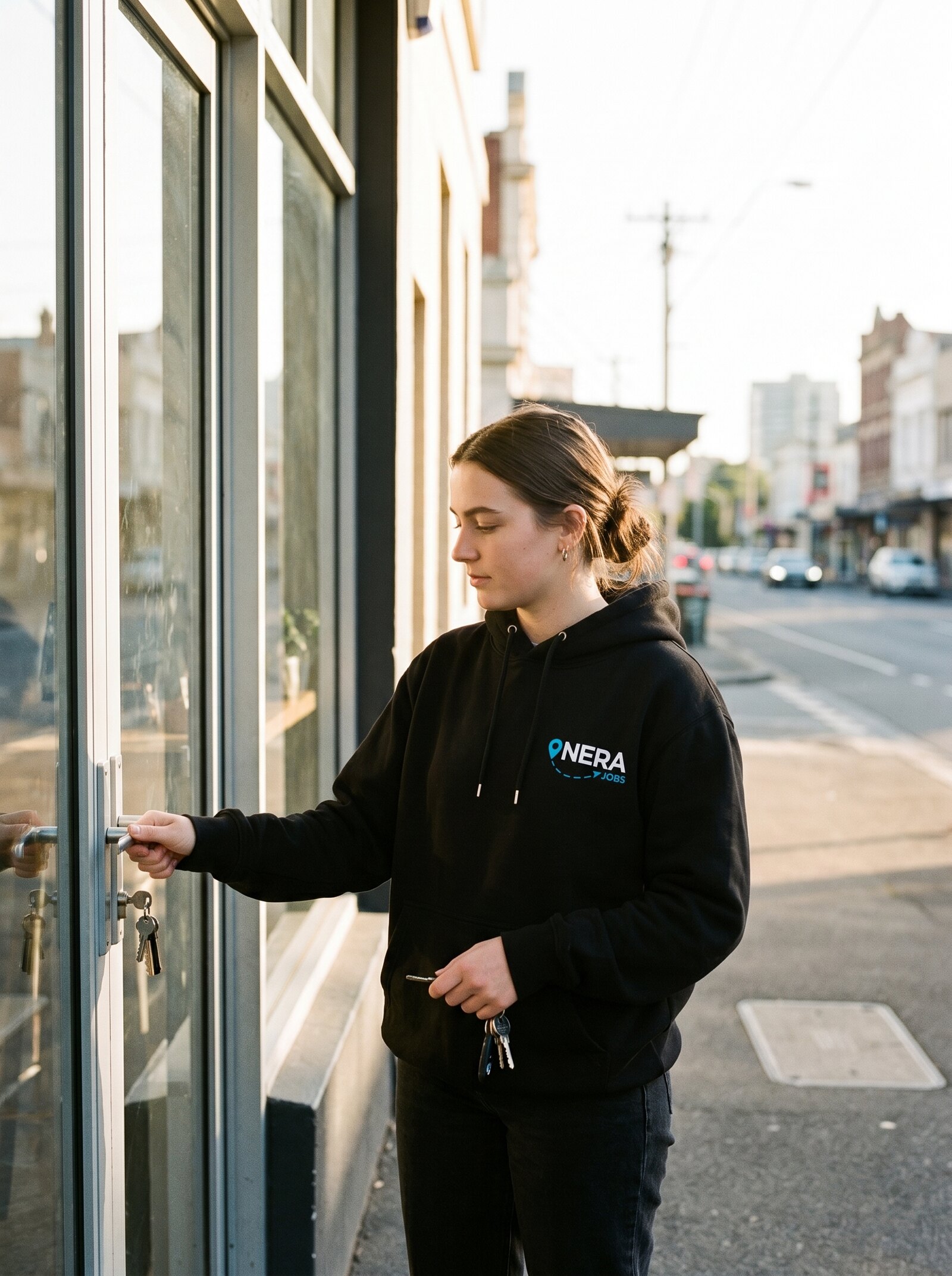 Barista unlocking the cafe at dawn in a NERA hoodie
