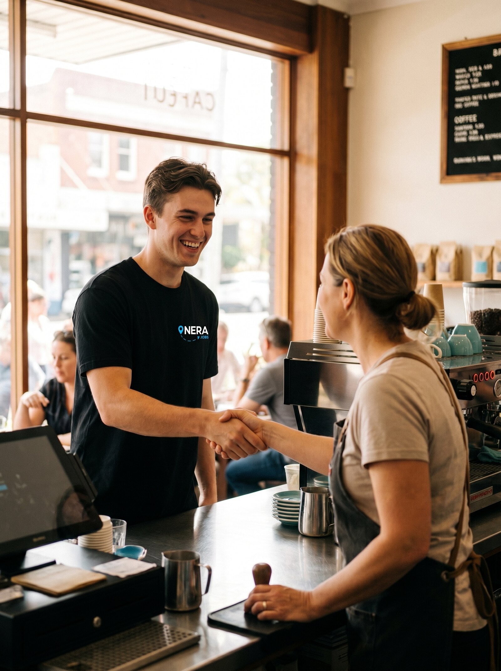 Worker greeted by the cafe owner on his first shift