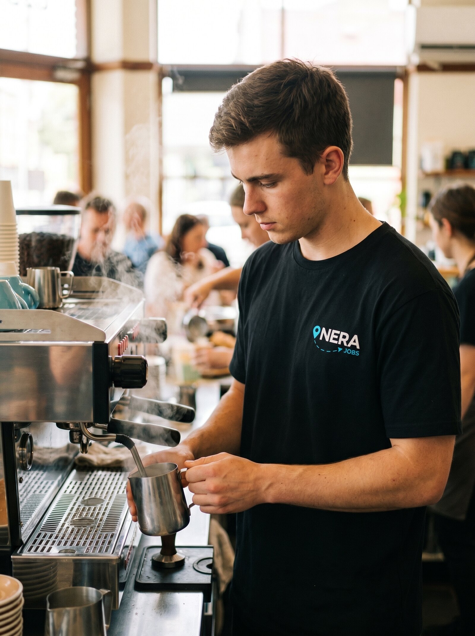 Barista on the machine in a NERA tee