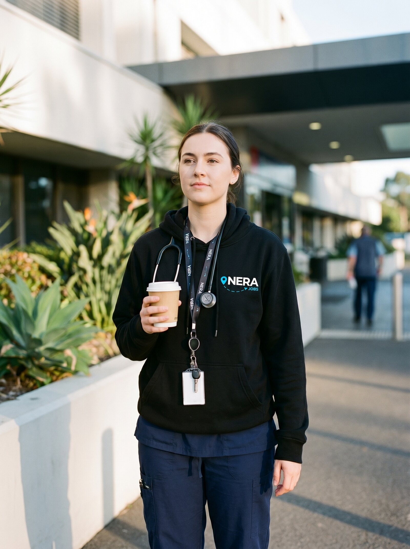 Nurse arriving for her hospital shift in a NERA hoodie