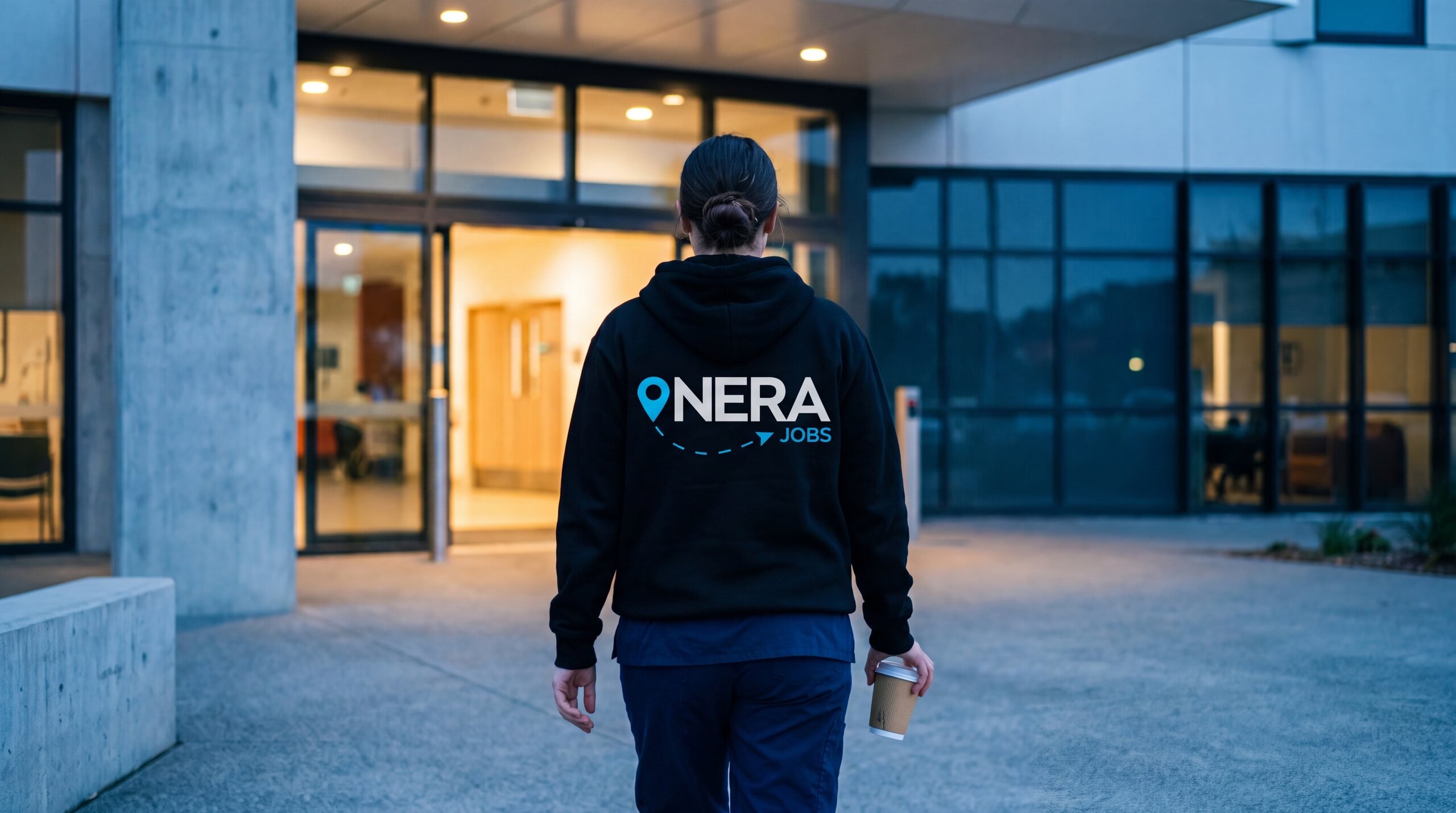 NERA Collective campaign — nurse arriving at the hospital at dawn
