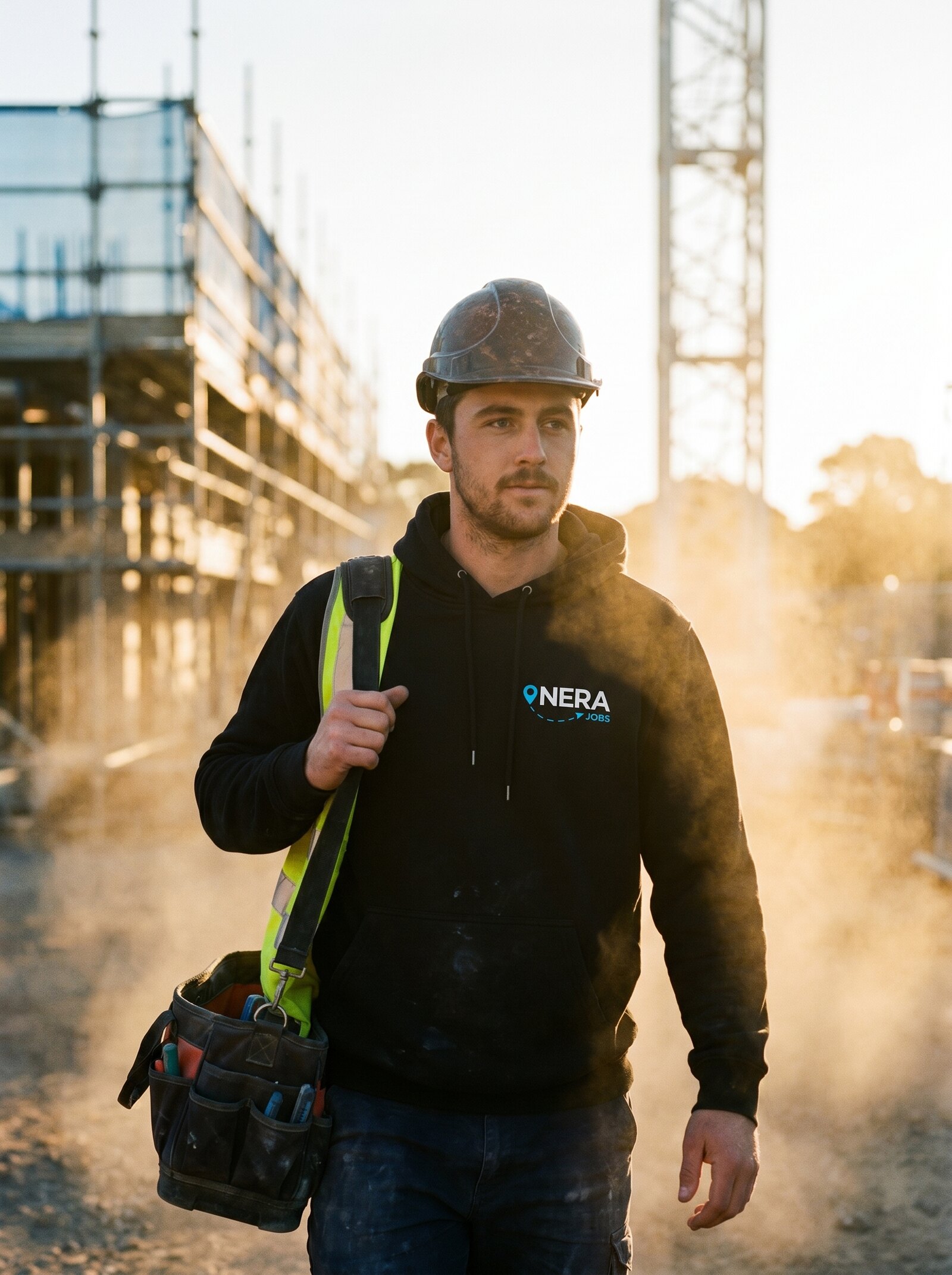 Labourer walking onto site at sunrise in a NERA hoodie