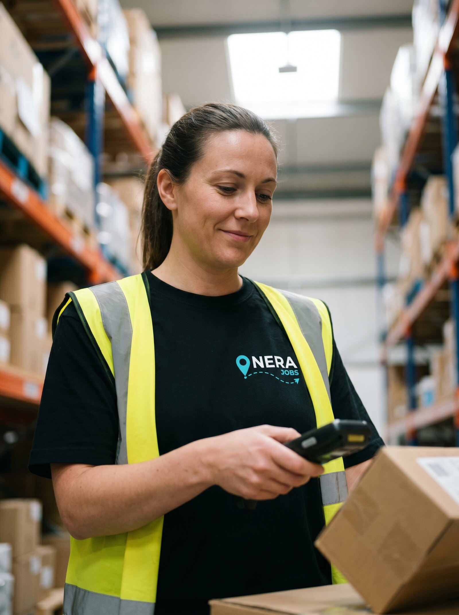 Warehouse worker scanning parcels in a NERA tee